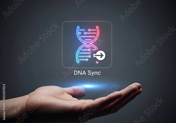 Fototapeta  hand holds a glowing dna sync icon, symbolizing technological advancement in genetics