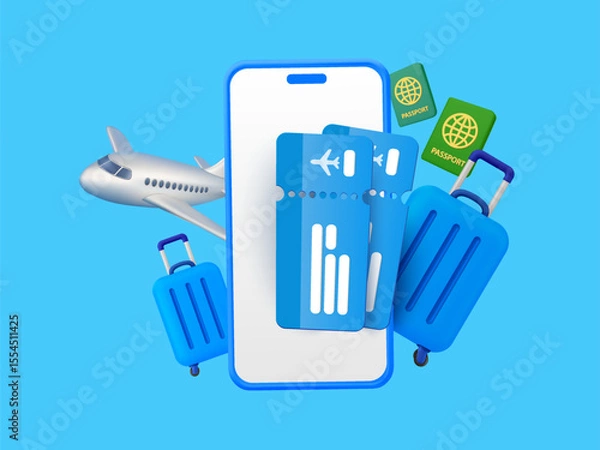 Fototapeta 3d travel background template with airplane, smartphone, luggage and passports, isolated on background. 3d travel banner. Vector illustration