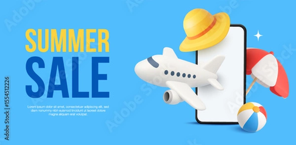 Fototapeta 3d travel banner template with mobile phone, beach hat, umbrella and pool ball, airplane isolated on background. Summer sale background in 3d vector. Vector illustration