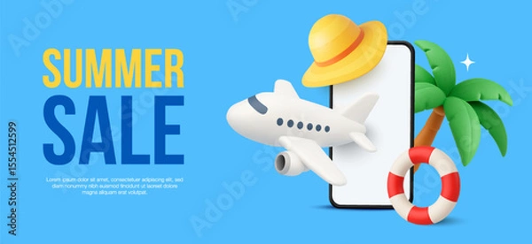 Fototapeta 3d travel banner template with mobile phone, beach hat, umbrella and pool ball, airplane isolated on background. Summer sale background in 3d vector. Vector illustration