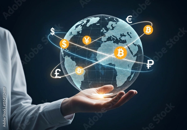 Fototapeta  hand holds a digital globe with bitcoin symbols orbiting it, representing global finance