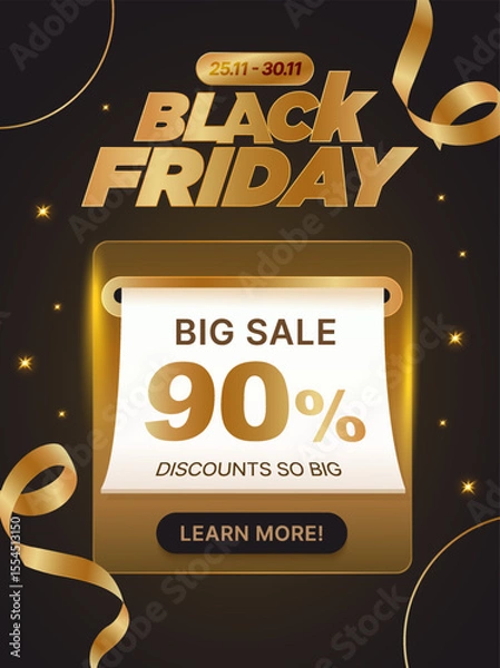 Fototapeta 3d Black Friday sale banner template with coupon is being printed from a slot, isolated on dark background with golden ribbons. Black Friday popup discount banner with gift voucher in 3d vector