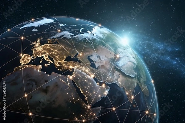 Fototapeta A stunning view of the blue Earth in space, a globe illuminated by the sun with visible continents, stars, and galaxies