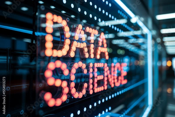 Fototapeta Illuminated Data Science Sign Orange L E D Lights Night Cityscape Background LED lights orange lights