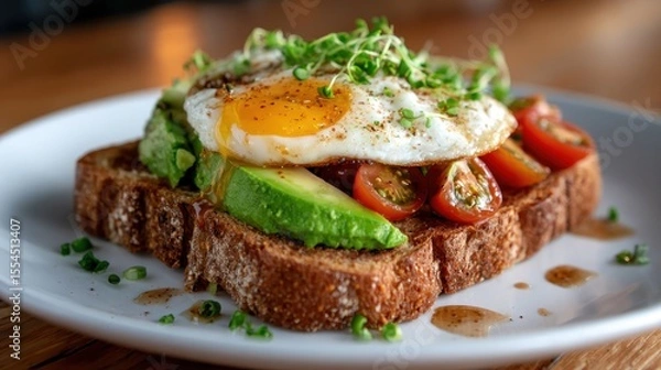 Fototapeta A mouthwatering plate of avocado toast topped with a perfectly fried egg, garnished with cherry tomatoes and microgreens, creating a beautiful and appetizing breakfast dish full of flavor.