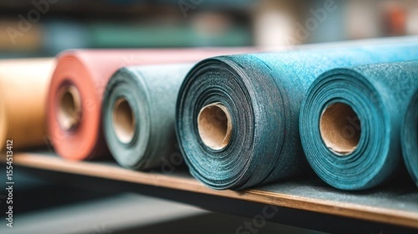 Obraz Rolls of colorful fabric or material are stacked on a shelf indoors.