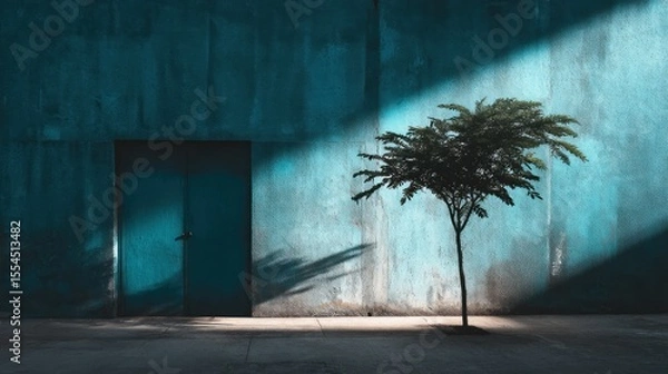 Obraz Small tree stands against a blue wall with a door and sunlight.