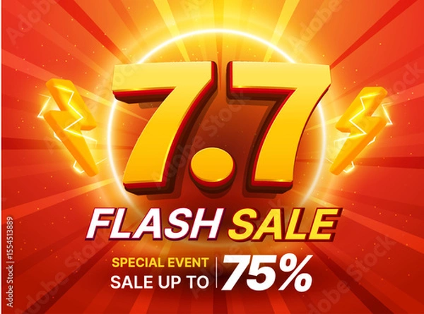 Fototapeta 3d 7 and 7 flash sale banner template with July seventh, thunder bolt icon, isolated on red background with light effect. Vector illustration
