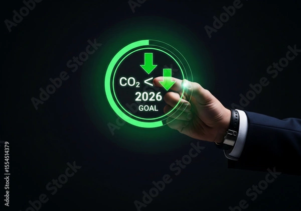 Fototapeta hand touches a glowing digital screen showing a 2026 co2 reduction goal