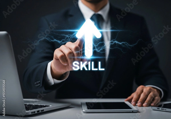 Fototapeta  businessman points at an upward arrow with the word skill