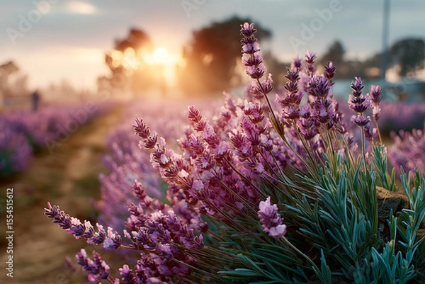 Fototapeta Field of purple flowers with a sun in the background