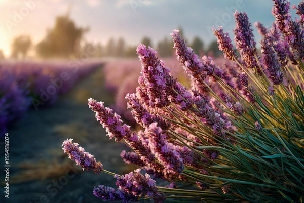 Fototapeta Field of purple flowers with a sun in the background
