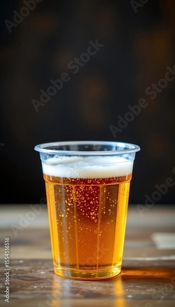 Fototapeta create a high quality, photo of a beer in a plastic disposable cup, the subject should be at the top of the image with ample copy space at the bottom