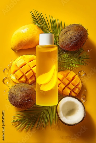 Fototapeta A yellow plastic bottle placed next to mango and coconuts,