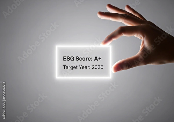 Fototapeta a hand holds a glowing card showing an esg score of a with a 2026 target