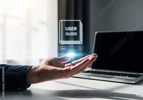 Fototapeta a hand hovers over a digital user guide icon above a laptop