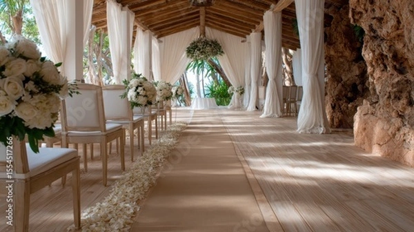 Obraz A breathtaking wedding decor set beneath a natural canopy, filled with elegant floral arrangements, creating a romantic and idyllic atmosphere for couples in love.