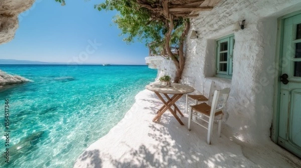 Obraz A serene coastal dining spot with a wooden table and chairs overlooking turquoise waters, capturing the essence of relaxation and outdoor dining in beautiful surroundings.