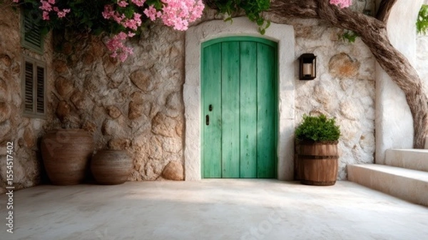 Obraz A quaint entrance of a stone house featuring a vibrant green door surrounded by blooming flowers, inviting you into a beautiful and serene atmosphere of rustic living.