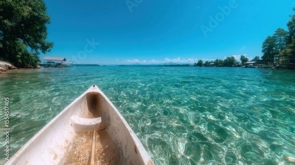 Obraz A scenic view of a clear blue lake under a bright sunny sky, featuring a canoe drifting peacefully, embodying relaxation and adventure in nature's embrace.