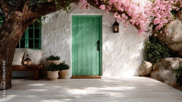 Obraz A picturesque entrance featuring a vibrant green door under a blooming tree canopy, inviting viewers into an enchanting and tranquil garden atmosphere full of beauty.