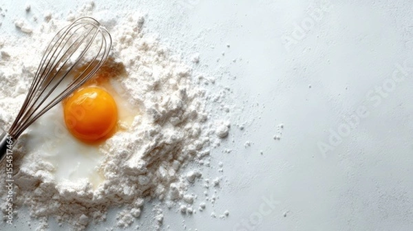 Obraz A bright raw egg nestled in a mound of flour, ideal for baking, showcases the essential ingredients of culinary creativity and the beauty of simple baking tasks.
