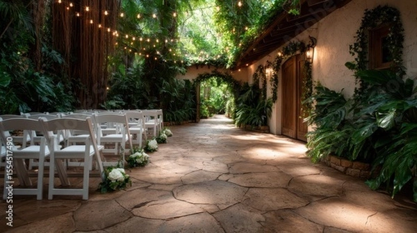 Obraz A stunning pathway adorned with green foliage leads to a charming ceremonial space, creating a magical ambiance for gatherings and celebrations amidst nature's beauty.