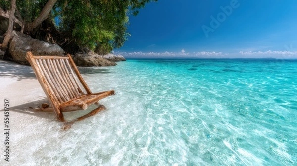 Obraz A rustic wooden chair sits idyllically on the edge of a clear blue ocean, inviting relaxation and contemplation amidst the beauty of nature's captivating scenery.