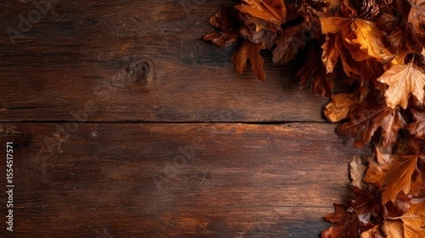 Obraz Vibrant autumn leaves scattered on an aged wooden table bring a warm, seasonal touch to the scene, celebrating the beauty of change and the embrace of nature's palette.