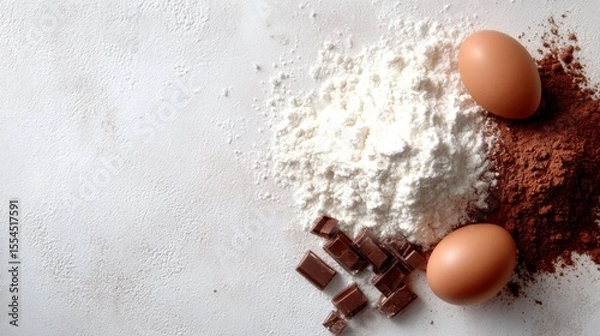 Obraz An elegant display of cocoa powder, flour, and fresh eggs, showcasing ingredients fundamental to sweet desserts, igniting the excitement of home bakers and culinary lovers.