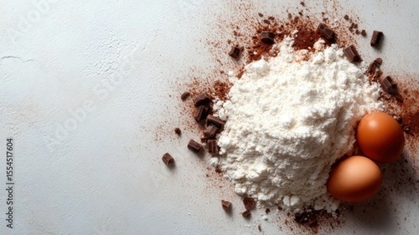 Obraz An artistic arrangement of essential baking ingredients like flour, eggs, and chocolate chunks on a light textured surface, creating a perfect setting for cake making.