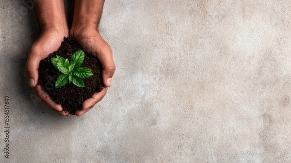 Obraz This powerful image shows hands holding rich soil with a small green plant emerging, symbolizing growth, nurturing, and the vital connection between humans and nature.
