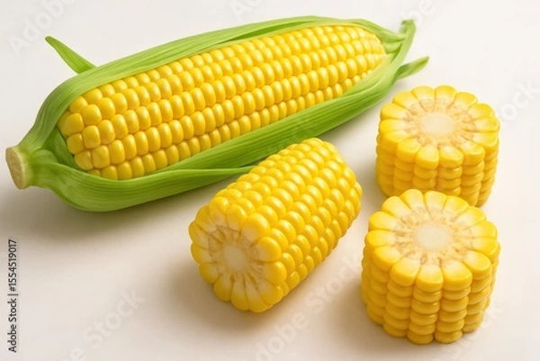 Fototapeta Fresh corn on the cob and cut sections present a vibrant yellow feast, embodying summer's bounty and healthy eating against a bright neutral backdrop.