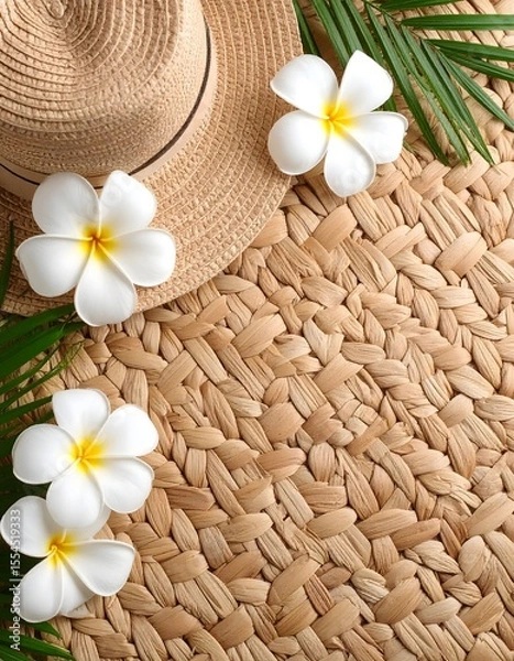 Fototapeta Fresh flat lay of hat, flowers, and palm leaves on rattan background in neutral hues