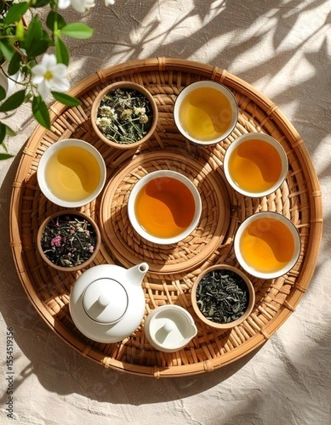 Fototapeta Elegant tray of herbal teas and cups arranged on a natural rattan background aesthetic