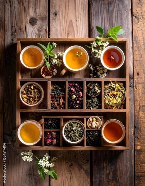 Fototapeta Inviting tray of assorted teas and elegant cups displayed on a rustic wooden background