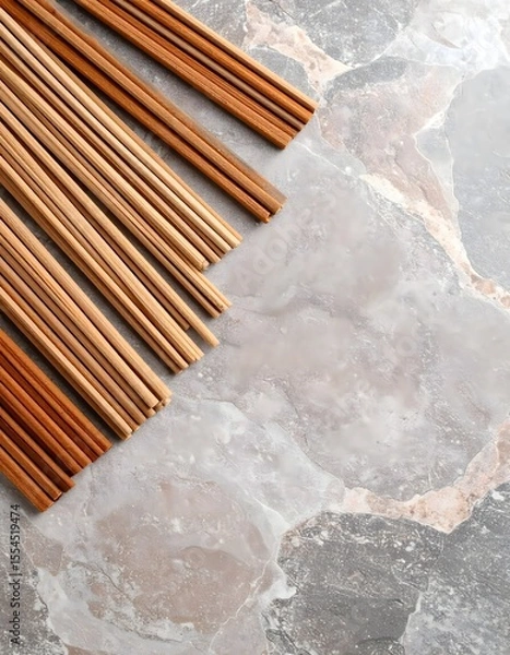 Fototapeta Natural display of bamboo incense sticks on a granite surface with earthy hues and texture
