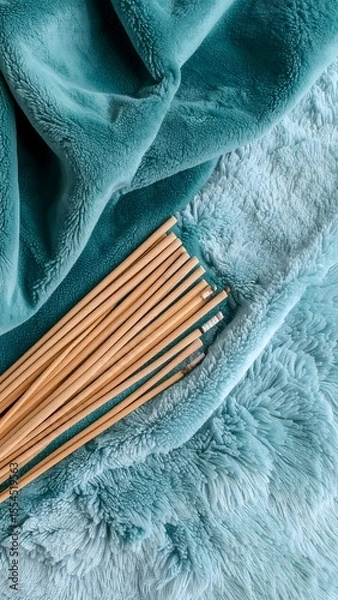 Fototapeta Charming presentation of bamboo sticks piled on a plush background with oceanic hues