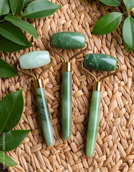 Fototapeta Fresh flat lay of green items on table with rattan background and cool ambient softness