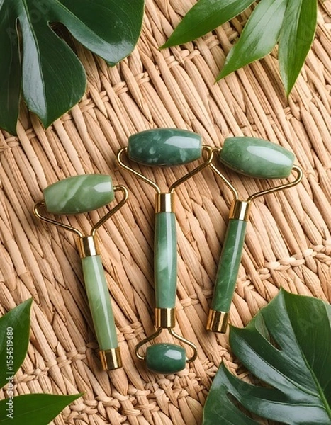 Fototapeta Fresh flat lay of green jade stone candle holder on rattan background with ambient softness