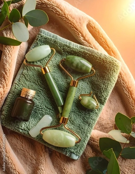 Fototapeta Fresh flat lay of towel and perfume bottles on plush background with sunset soft hues