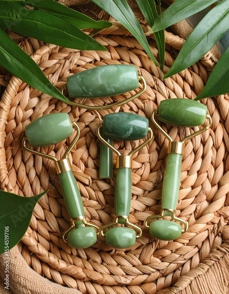 Fototapeta Fresh flat lay of basket with green jade on wicker background radiating cool glowing softness