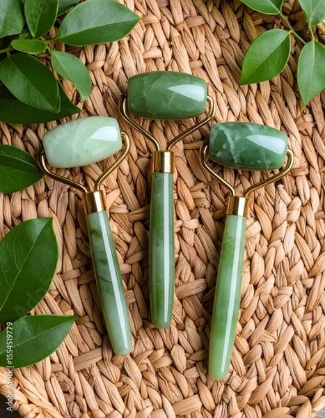 Fototapeta Fresh flat lay of green jade stone earrings on wicker background with glowing softness