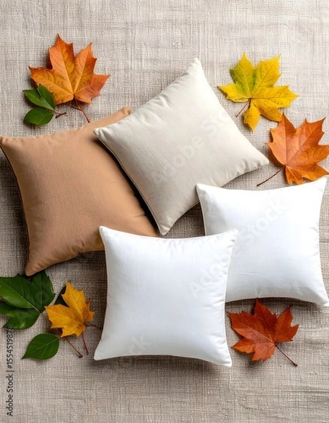 Fototapeta Fresh flat lay of meditation cushions and autumn leaves on a canvas background with natural hues