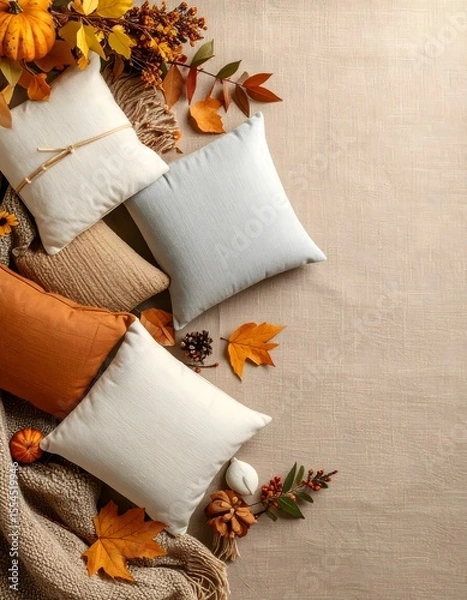 Fototapeta Fresh flat lay of meditation pillows on a canvas background showcasing autumn hues and textures