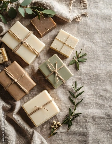 Fototapeta Fresh flat lay of organic soap bars with eucalyptus leaves on a canvas background with dusky hues