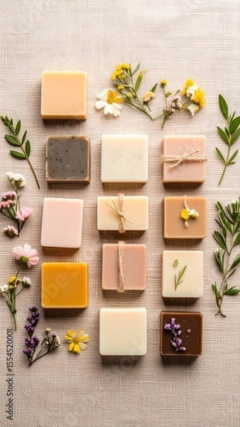 Fototapeta Fresh organic soaps and colorful flowers arranged beautifully on canvas background