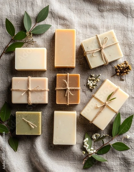 Fototapeta Fresh flat lay of organic soaps and soap bars on a canvas background with dusky hues and textures