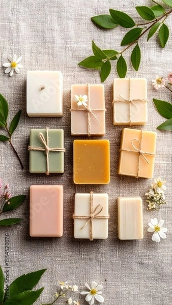 Fototapeta Fresh flat lay of soaps with flowers and leaves on a canvas background with vibrant hues and softness