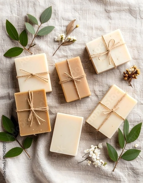 Fototapeta Assorted organic soaps surrounded by a bunch of fresh colorful flowers on cotton